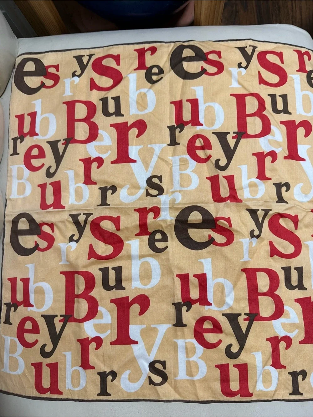 Burberry Beige Scarf with Red, Brown & White Letter Print